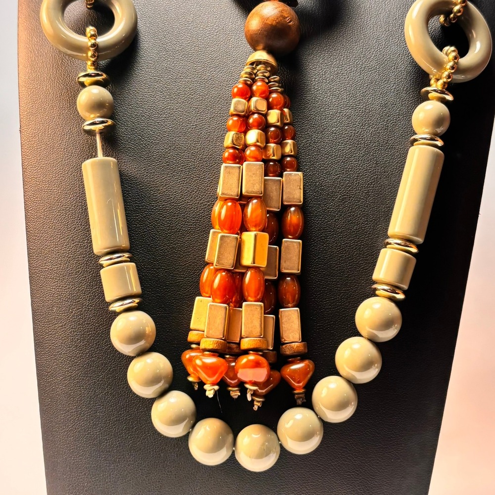 Necklace Set Sage Green Brown Wood‎ Acrylic Tassel Beaded Statement Boho